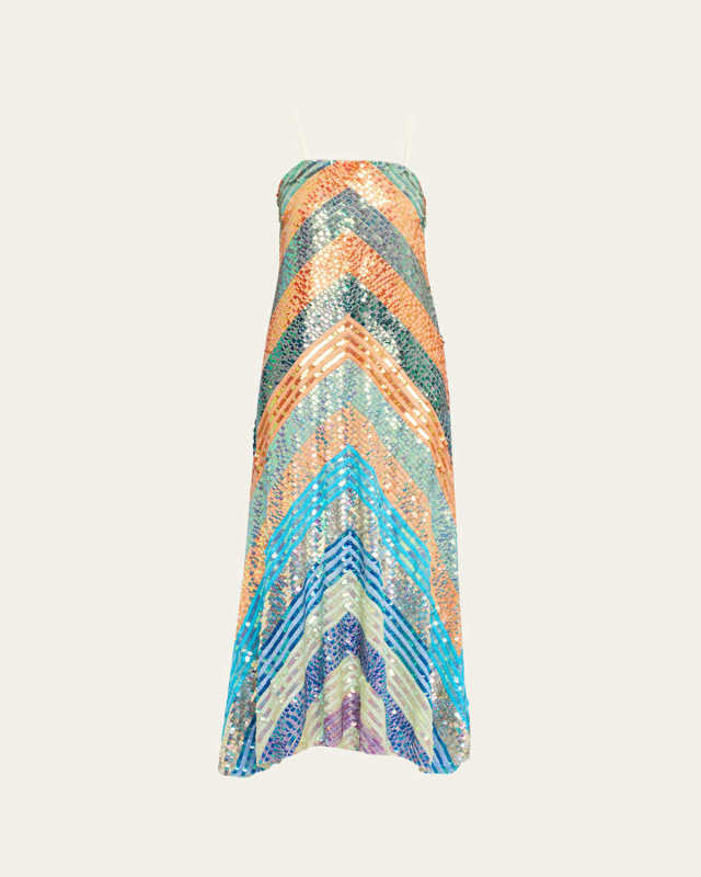 Chevron Sequined Bias Strapless Maxi Dress